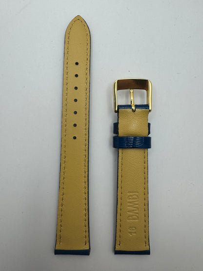 Bambi „Scotchgard" – Vintage NOS Echtlederband in Royalblau mit Krokoprägung, 16 mm, goldfarbene Schließe, mit Box (Japan)