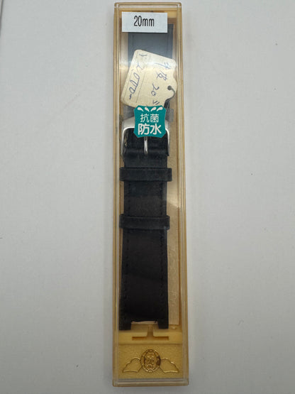 Royal London - Vintage NOS Genuine Leather Strap (Cowhide) in Black, 20mm, Curved Fit Ends, Signed Buckle, with Box