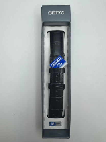 SEIKO Lederarmband RS01C18BK (18–16 mm) - schwarz mit Krokoprägung und silberfarbener Dornschließe (JDM)
