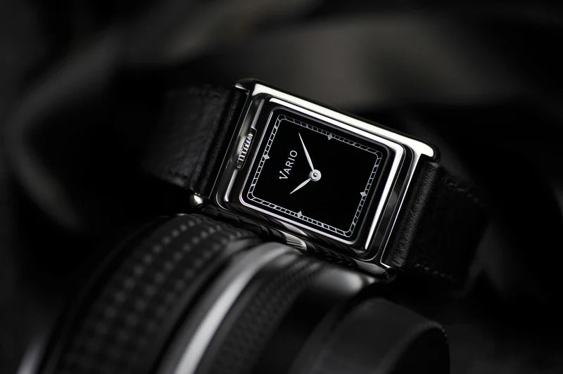VARIO VERSA Reversible Dual Time Silver-Black Enamel Watch