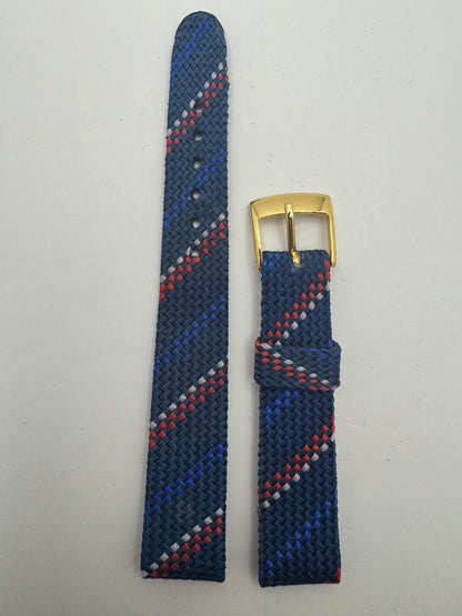 Vintage NOS Perlon-/Textil-Armband in Marineblau mit Rot-Weiß-Akzent, 15,5 mm, goldfarbene Schließe, mit Box (Japan)
