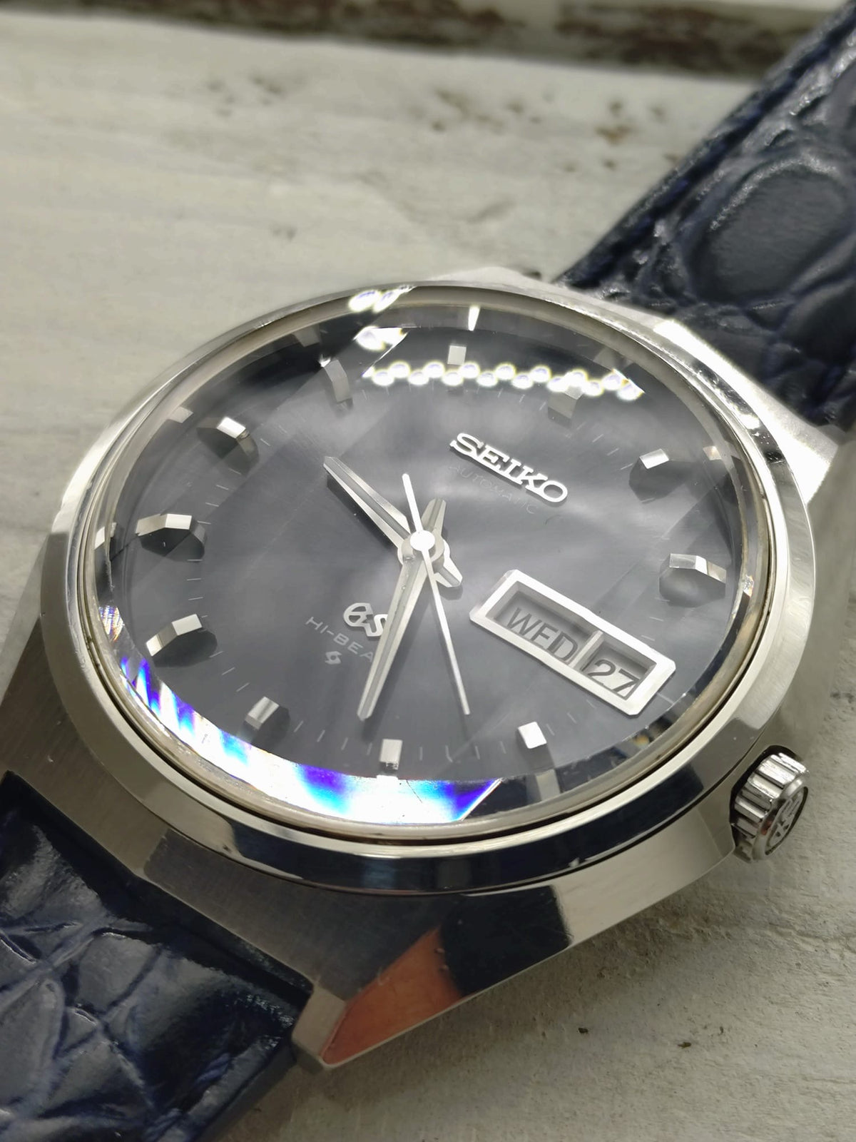 Grand Seiko 61GS Hi-Beat – Ref. 6146-8050 – Caliber 6146A, 36,000 vph, Suwa Seikosha – blue-grey dial, faceted crystal – May 1972 – freshly serviced