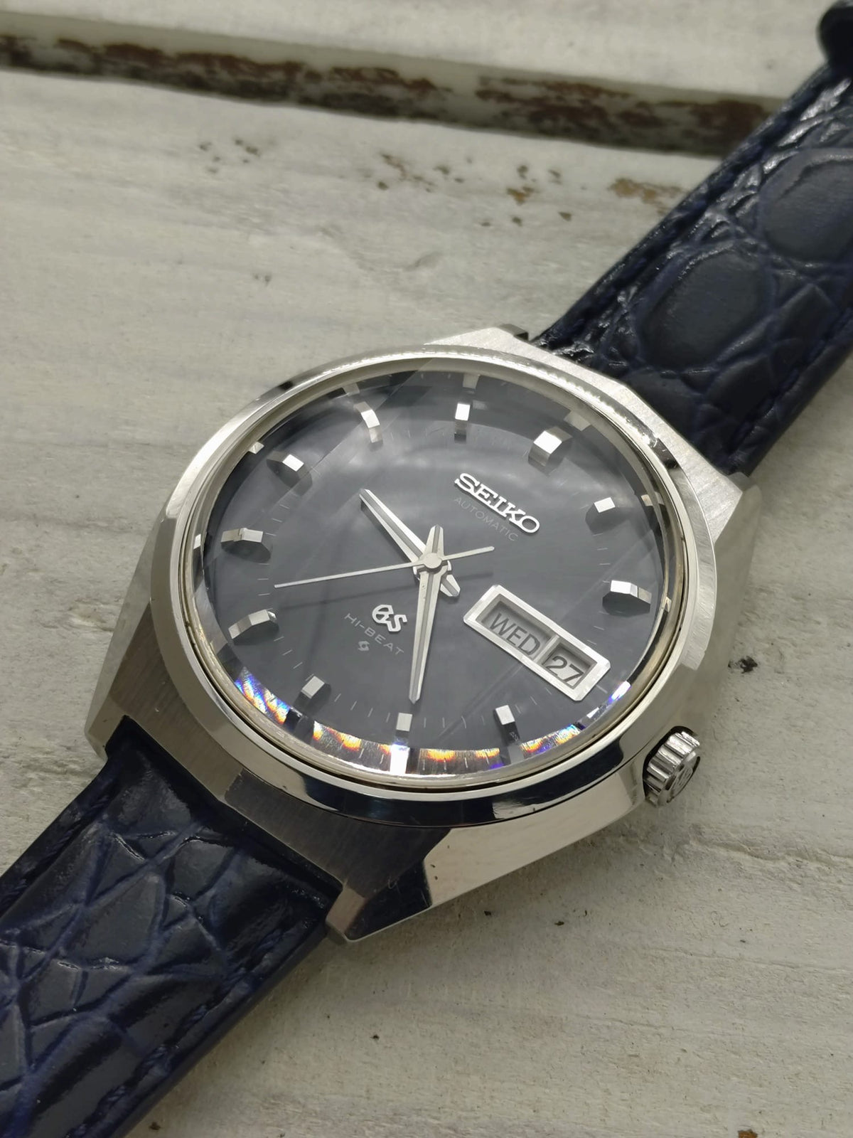 Grand Seiko 61GS Hi-Beat – Ref. 6146-8050 – Caliber 6146A, 36,000 vph, Suwa Seikosha – blue-grey dial, faceted crystal – May 1972 – freshly serviced