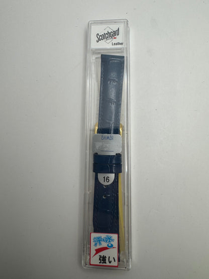 Bambi „Scotchgard" – Vintage NOS Echtlederband in Royalblau mit Krokoprägung, 16 mm, goldfarbene Schließe, mit Box (Japan)
