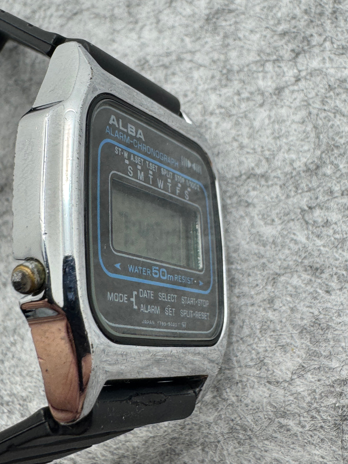 ALBA Alarm-Chronograph Y799-5020 – Dezember 1985 – Seiko-Zweitmarke, digitale JDM-Uhr – revidiert, neues Band