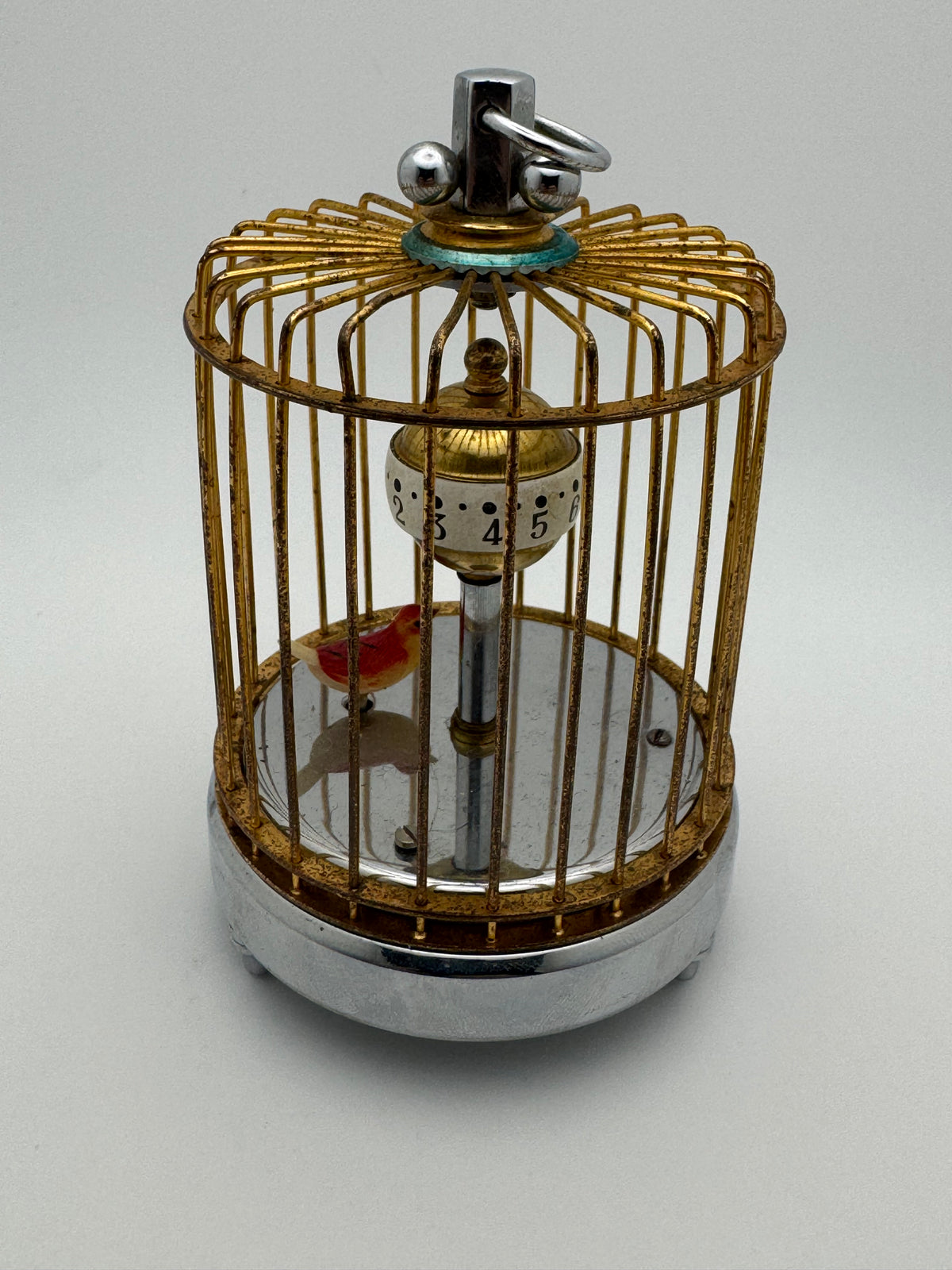 Kindai Watch Co. Bird Cage Clock – mechanical birdcage clock – rotating time display – moving bird – vintage Japan – serviced