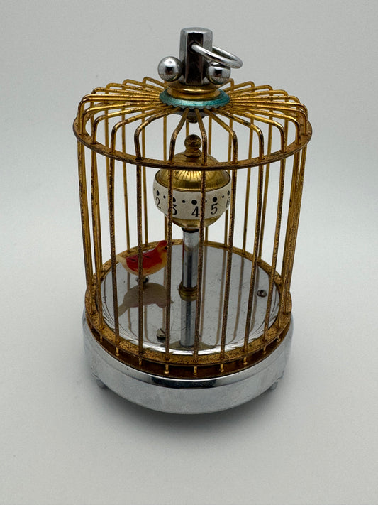Kindai Watch Co. Bird Cage Clock – mechanical birdcage clock – rotating time display – moving bird – vintage Japan – serviced