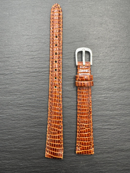 maruman – Vintage NOS Rindlederband mit Eidechsen-Prägung (Lizard-Optik) in Cognacbraun, 12 mm, silberfarbene Schließe, mit Box (Japan)