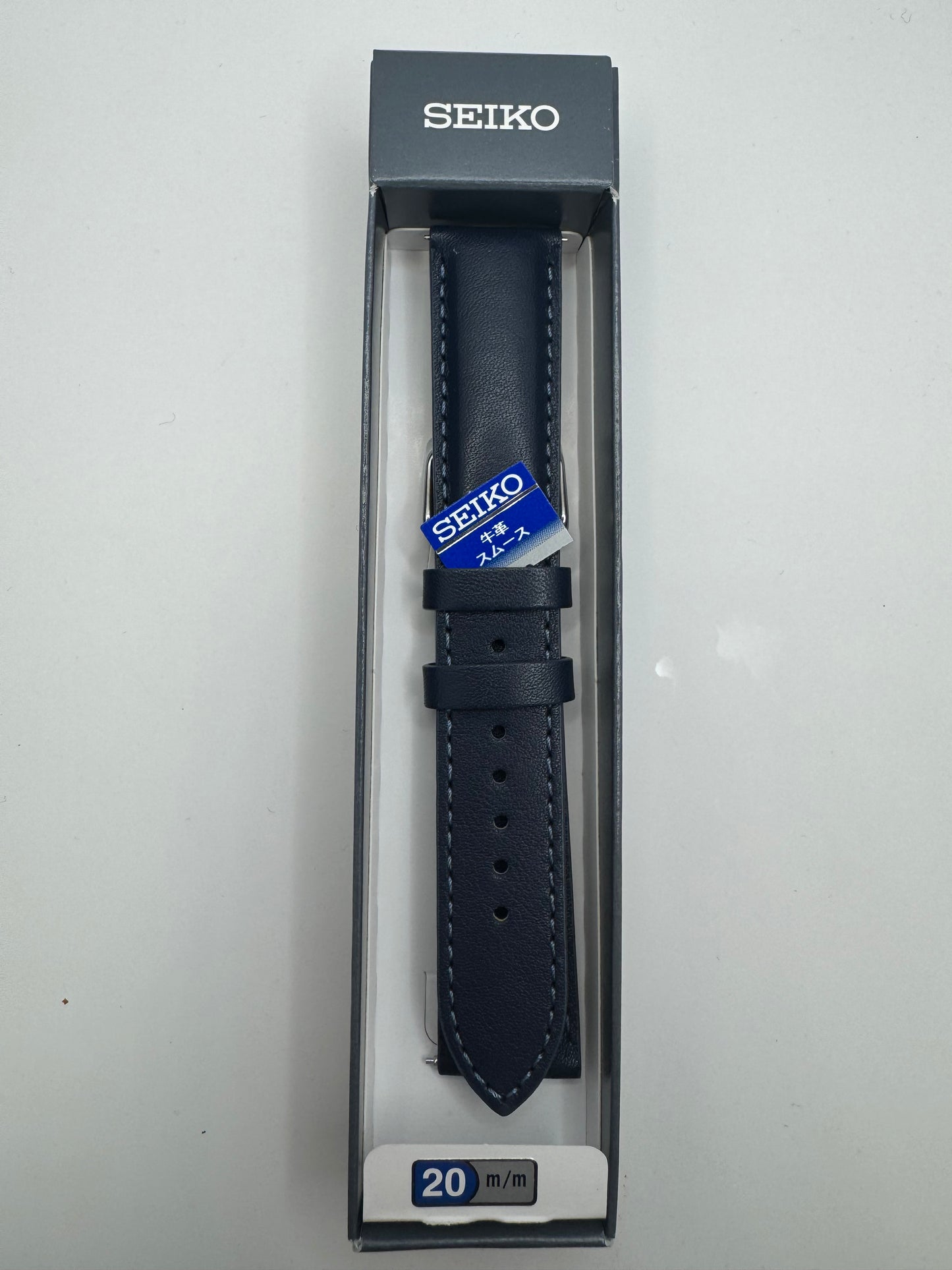 SEIKO Lederarmband RS07S20NY (20–18 mm) - blau mit silberfarbener Dornschließe (JDM)