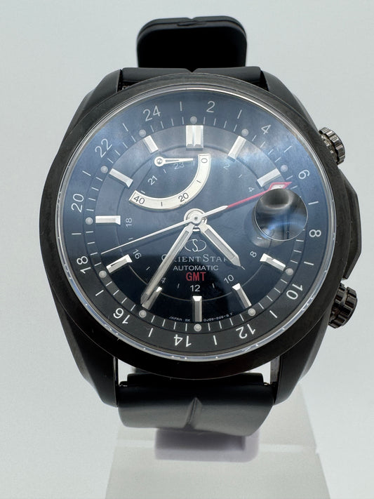 Orient Star Automatic GMT – black ion-plated, power reserve and second time zone – exhibition case back