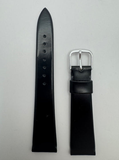 Bambi „High Quality" – Vintage NOS Echtlederband (glatt) in Schwarz, 18 mm, silberfarbene Schließe, mit Box (Japan)