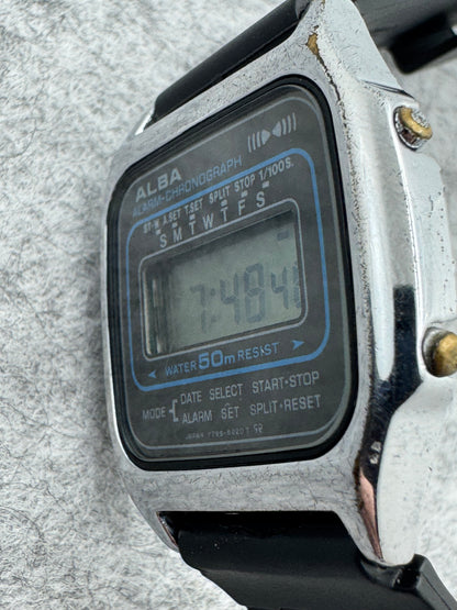 ALBA Alarm-Chronograph Y799-5020 – Dezember 1985 – Seiko-Zweitmarke, digitale JDM-Uhr – revidiert, neues Band