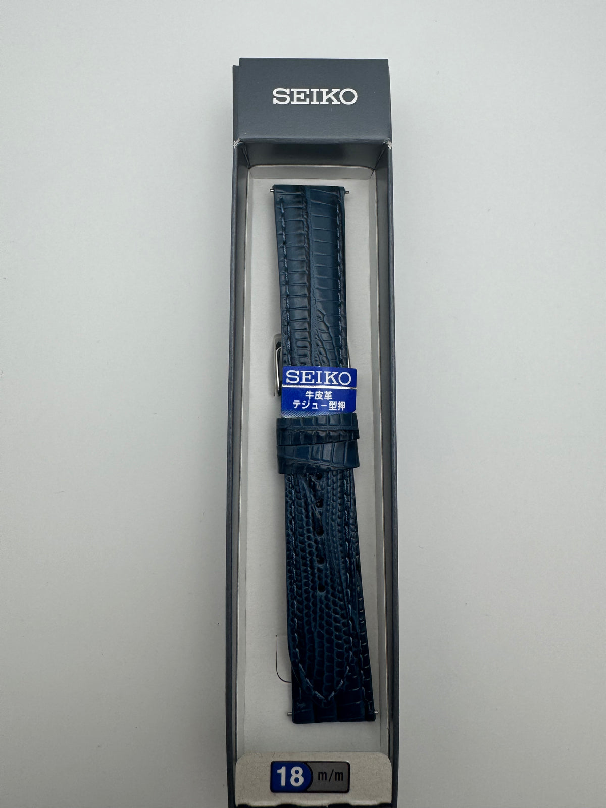 Seiko Lederarmband RS17C18NY 18-16 mit Schnellwechselsystem 18 mm – Rindleder mit Teju-Eidechsenprägung, marineblau (JDM)