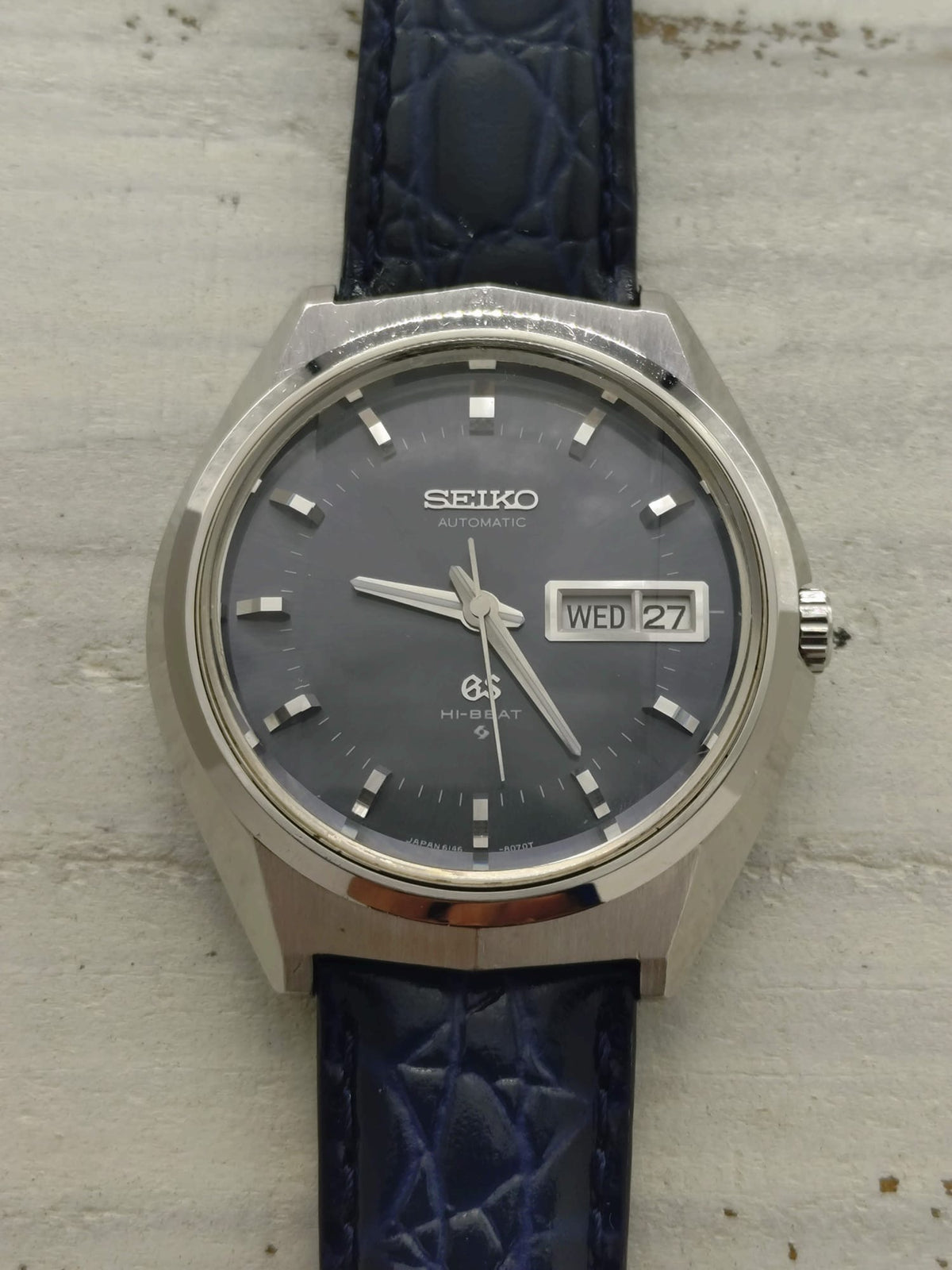 Grand Seiko 61GS Hi-Beat – Ref. 6146-8050 – Caliber 6146A, 36,000 vph, Suwa Seikosha – blue-grey dial, faceted crystal – May 1972 – freshly serviced