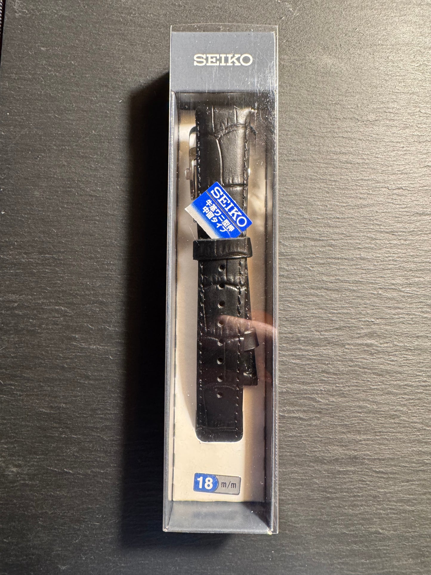 Original Seiko leather strap RS05C18BK (18–16 mm) with folding clasp – Black