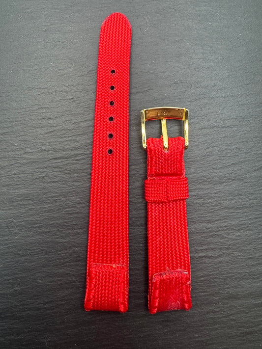WORLD FIRST - Vintage NOS woven textile strap (Perlon style) in red, 15.5 mm, gold-plated buckle, with box (Japan)