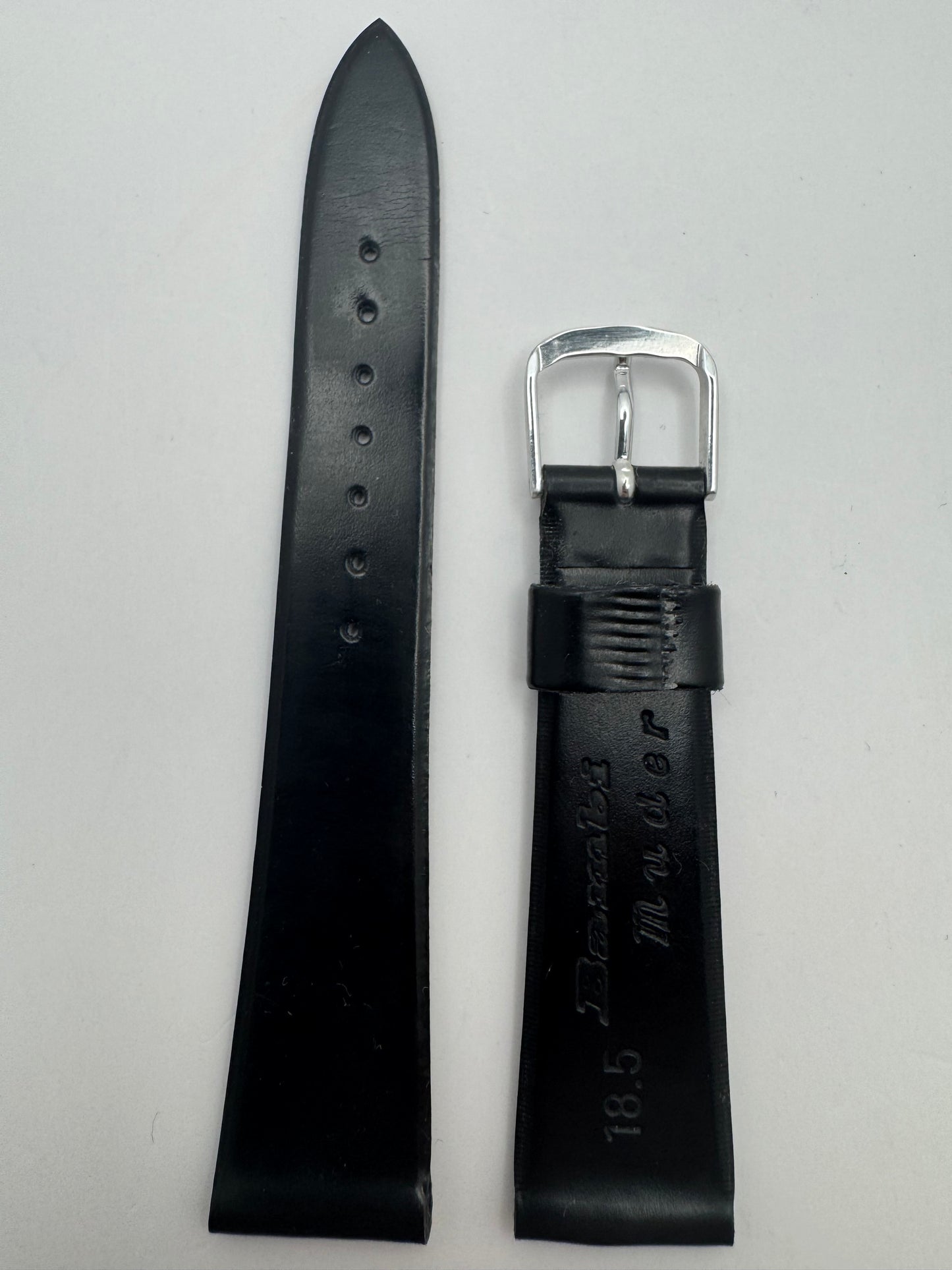 Bambi „High Quality" – Vintage NOS Echtlederband (glatt) in Schwarz, 18 mm, silberfarbene Schließe, mit Box (Japan)