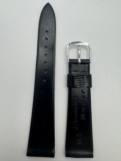 Bambi „High Quality" – Vintage NOS Echtlederband (glatt) in Schwarz, 18 mm, silberfarbene Schließe, mit Box (Japan)