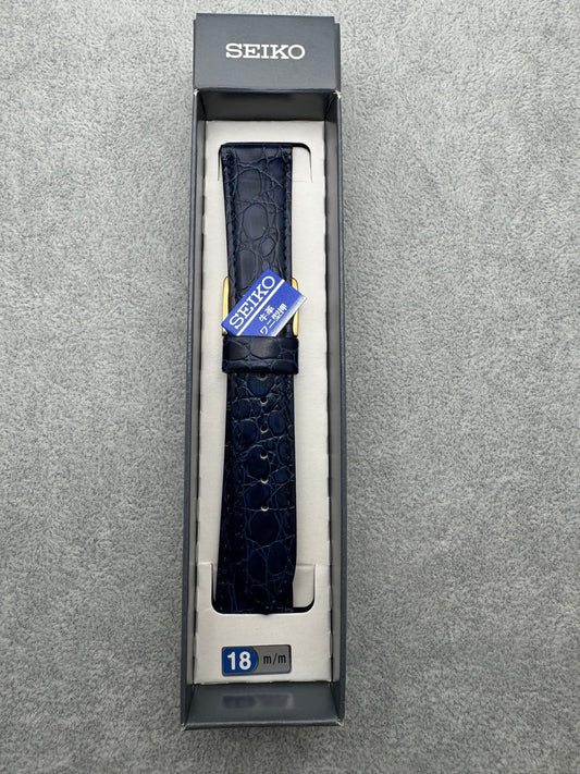 Bracelet en cuir Seiko JDM DE91 18 mm (18-15) – cuir de vachette avec motif crocodile, bleu