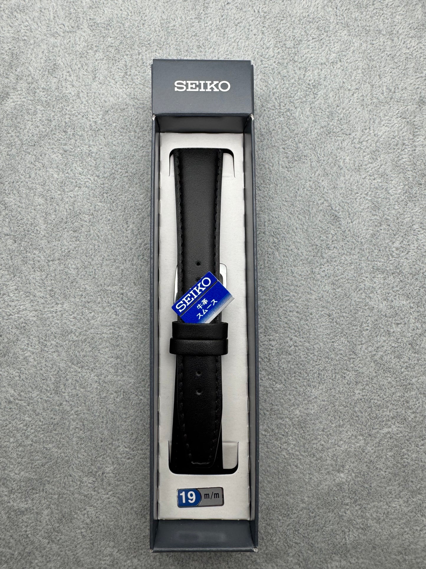 Seiko JDM bracelet DXH4A 19 mm (19-15) – smooth calfskin leather, black, silver-tone buckle