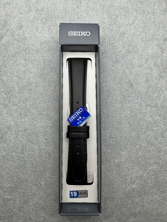 Seiko JDM Armband DXH4A 19 mm (19-15) – glattes Rindleder, schwarz, silberfarbene Schließe (JDM)