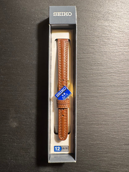Original Seiko Lederarmband DEE5 (12–10 mm) – braun, Kalbsleder, goldfarbene Schließe (JDM)