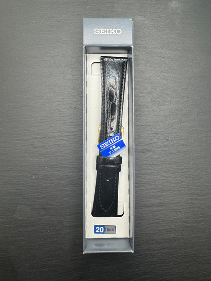 Original Seiko Lederarmband DAB5 (20–15) - schwarz mit goldfarbener Dornschließe (JDM)