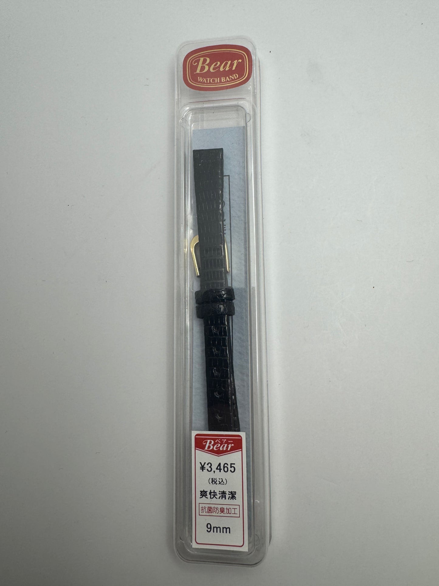 Bear – Vintage NOS Echt-Eidechsenleder-Band, Schwarz, 9 mm, goldfarbene Schließe, mit Box (Japan)
