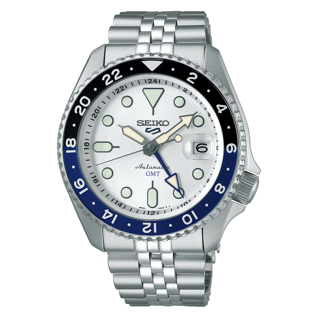 Seiko 5 Sports GMT SSK033K1 mit silbernem Zifferblatt und schwarz-blauer Lünette