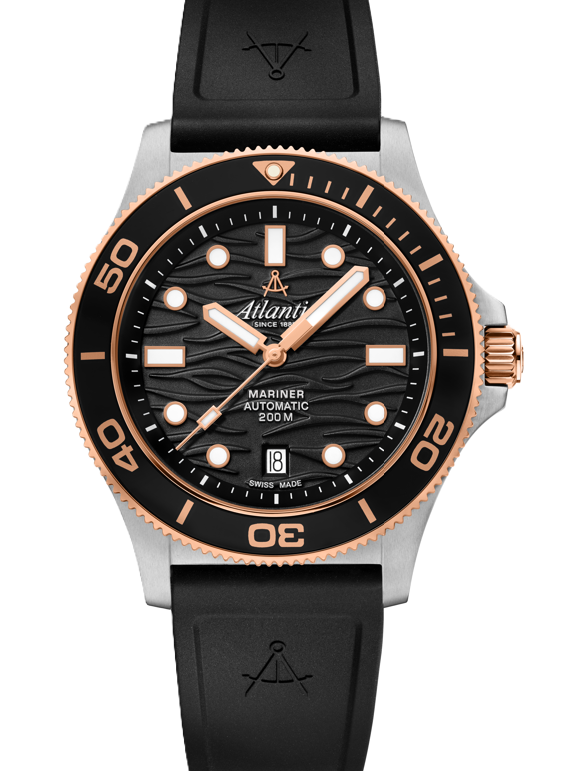 Atlantic Mariner Wave Automatic – Schwarz / Roségold auf PU-Band (42 mm) - NEUHEIT