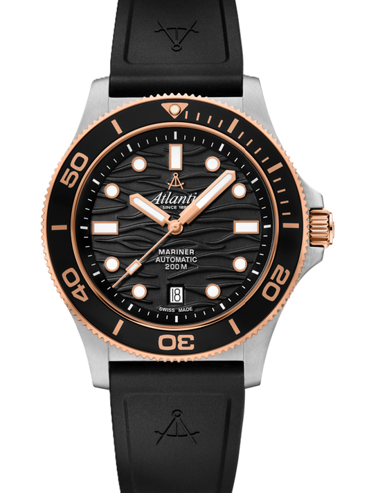 Atlantic Mariner Wave Automatic – Schwarz / Roségold auf PU-Band (42 mm) - NEUHEIT