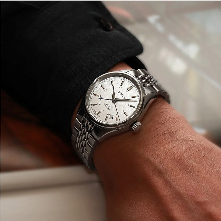 KNIS Classic GMT Automatik Silber - Rice Beads Bracelet 38 mm