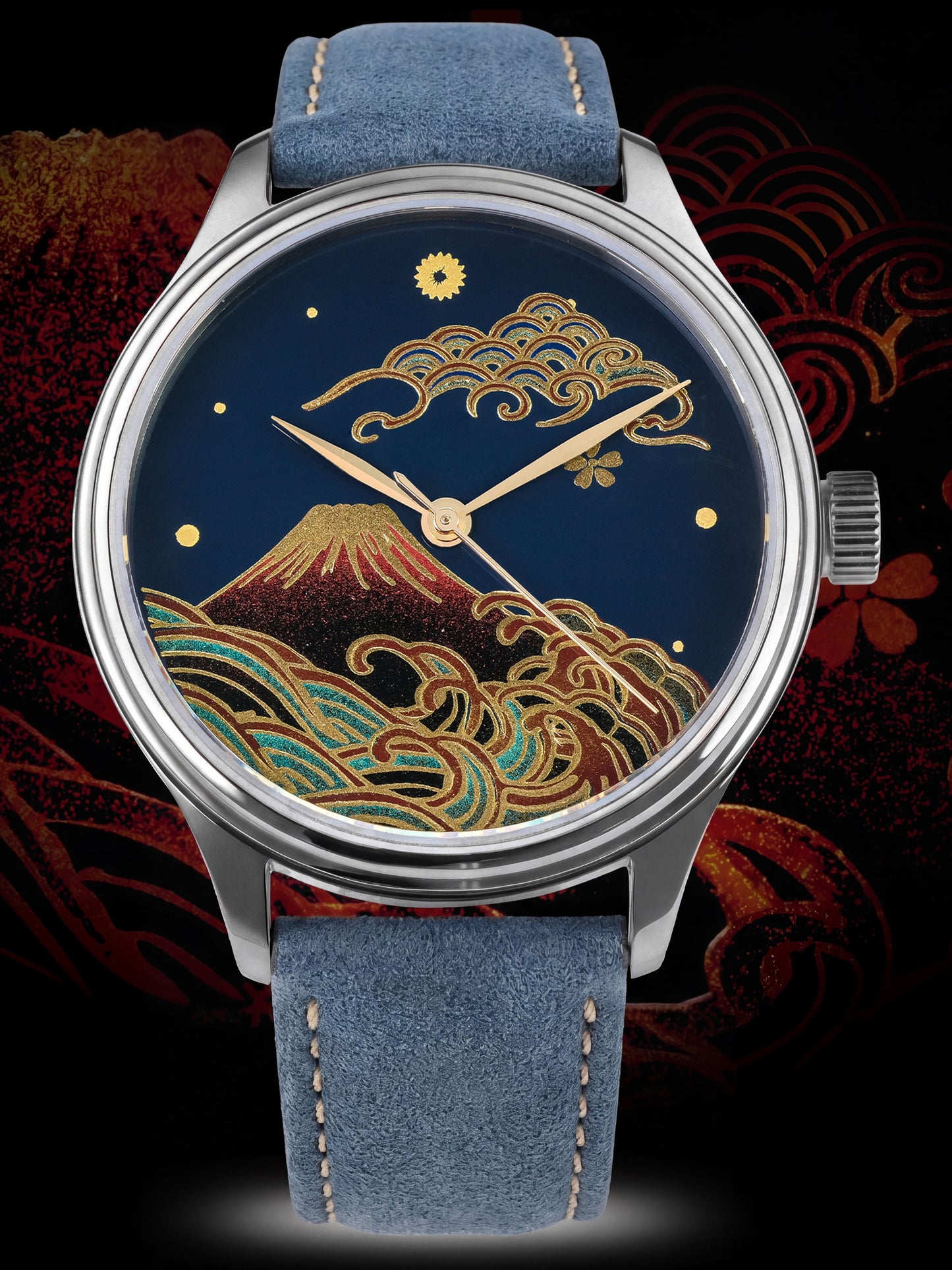 WANCHER Dream Watch – Urushi Blue Kindai Maki-e „Aka Fuji" – Einzelstück