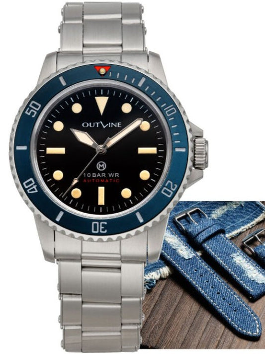 Outline Navy Diver mit Nieten-Stahlarmband + Crushed Denim Armband (Sonderset) Limited Edition