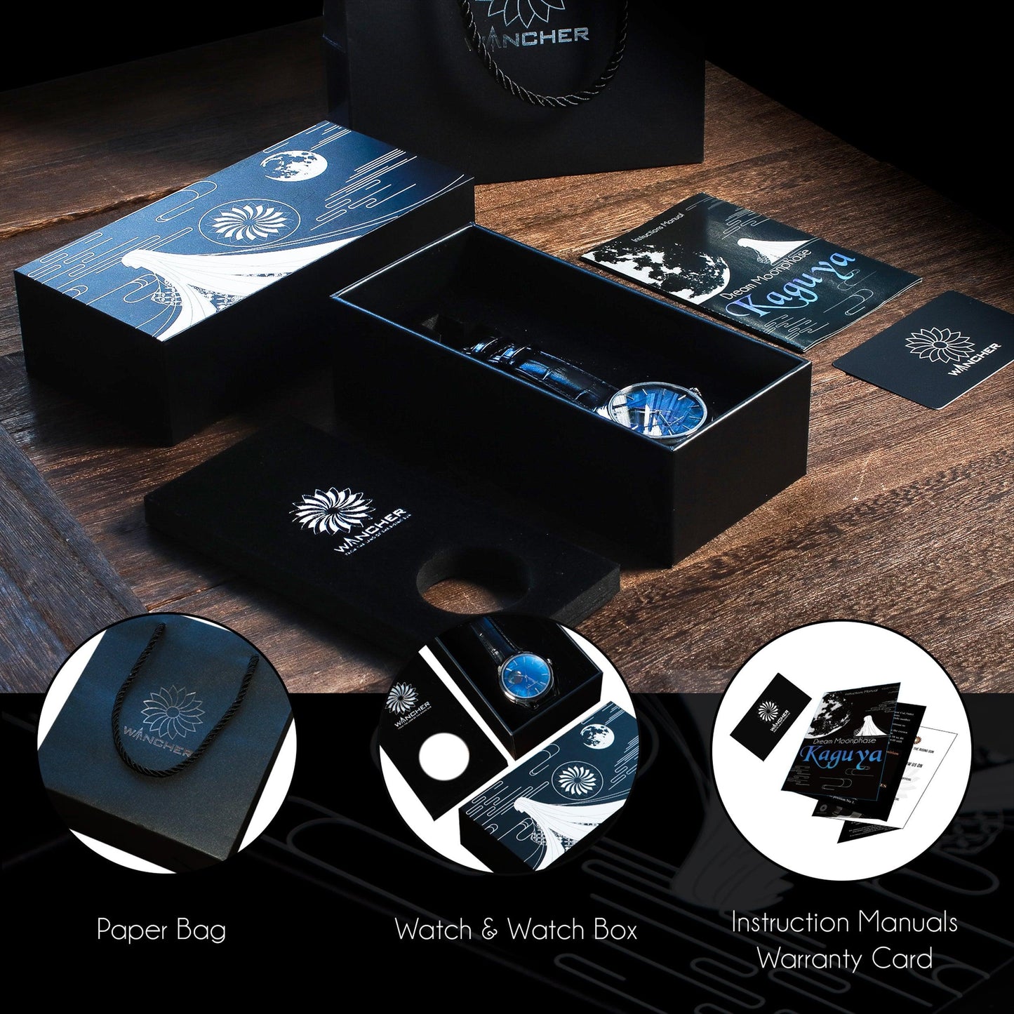 WANCHER Dream Moonphase Kaguya, Lieferumfang mit Box, Papieren und Papiertasche