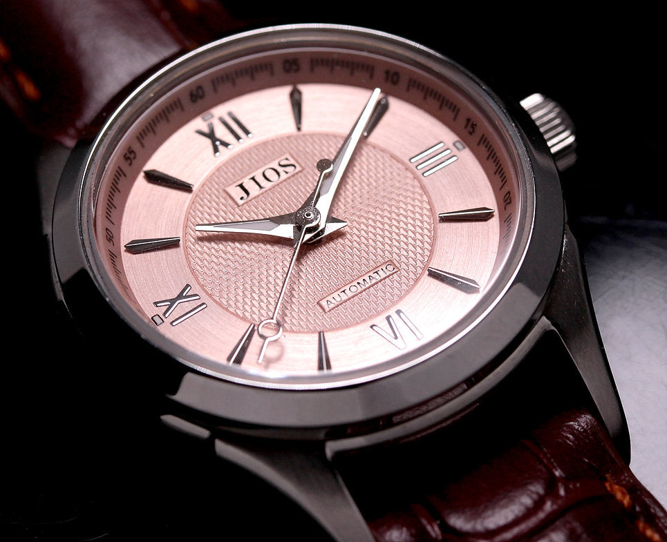 JIOS AWAZU „Biwa-Salmon“ x silberne Zeiger x braunes Leder