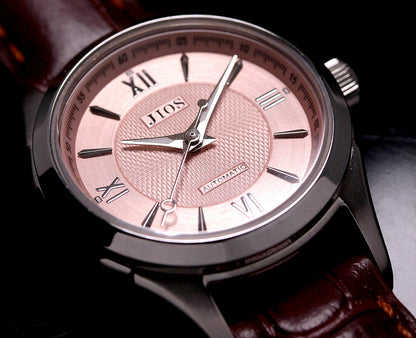 JIOS AWAZU „Biwa-Salmon“ x silberne Zeiger x braunes Leder