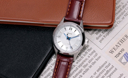 JIOS AWAZU silbernes Zifferblatt x blaue Zeiger x braunes Leder