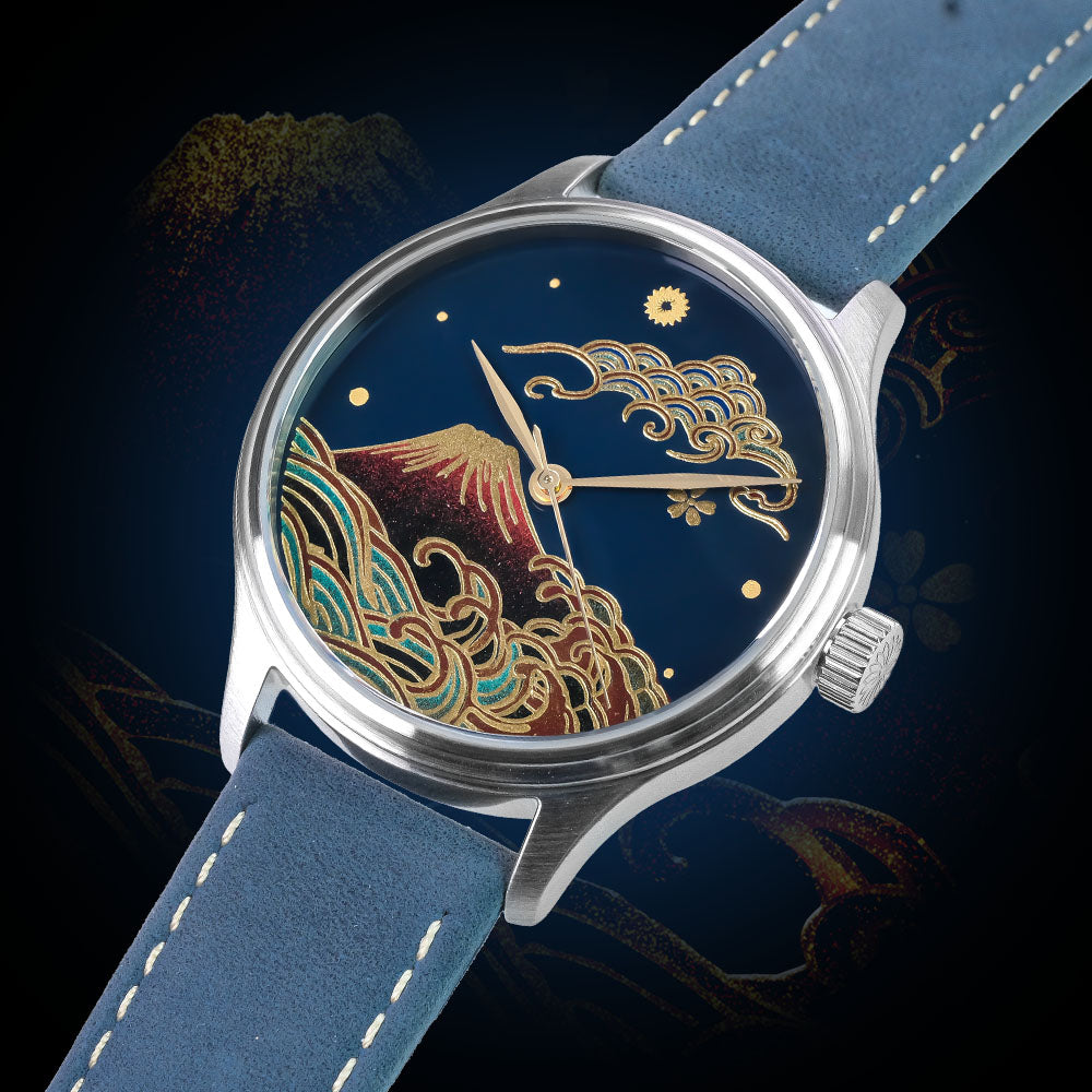 WANCHER Dream Watch – Urushi Blue Kindai Maki-e „Aka Fuji" – Einzelstück