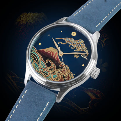 WANCHER Dream Watch – Urushi Blue Kindai Maki-e „Aka Fuji" – Einzelstück