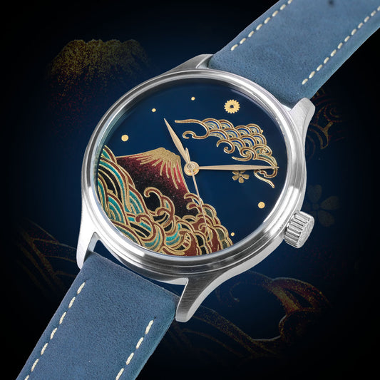 WANCHER Dream Watch – Urushi Blue Kindai Maki-e „Aka Fuji" – Einzelstück