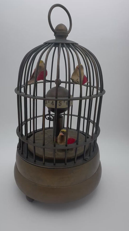 Vogelkäfig-Tischuhr mit Karakuri-Animation – Messing, Federwerk – drei bewegte Vögel
