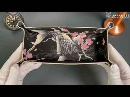 Plateau exclusif pour montres et bijoux – Pièces uniques réalisées à la main à partir de tissus de kimono japonais originaux, modèle Kois, noir et rose, 24 x 12 cm