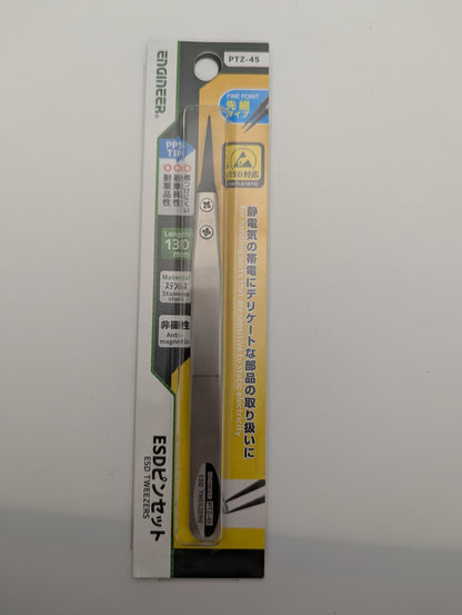 ENGINEER PTZ-45 ESD Precision Tweezers 130 mm, Fine Tip – Antistatic | Made in Japan