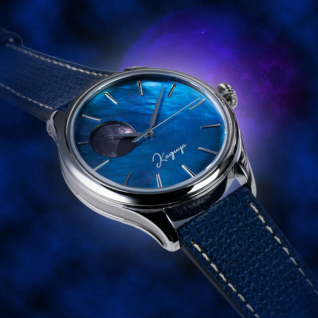 WANCHER Dream Moonphase Kaguya MURASAKI BLUE mit Vario-Lederband, Detailansicht